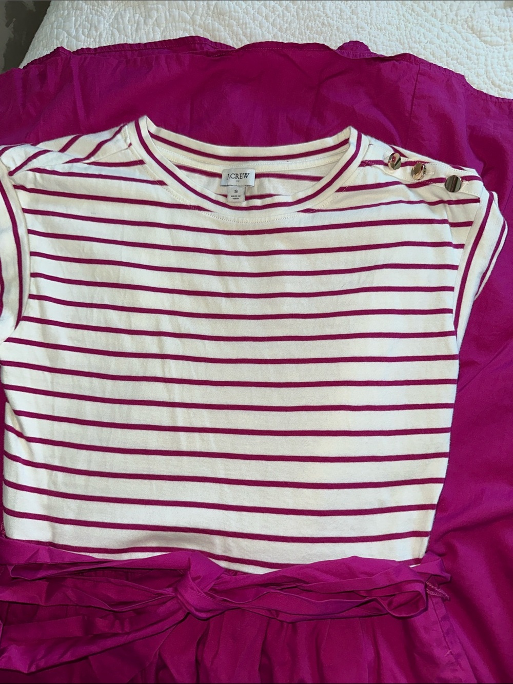 J. Crew White Tee with Magenta Stripes and Shoulder Buttons maxi dress